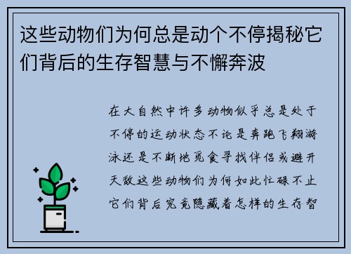 这些动物们为何总是动个不停揭秘它们背后的生存智慧与不懈奔波 这些动物们为何总是动个不停揭秘它们背后的生存智慧与不懈奔波